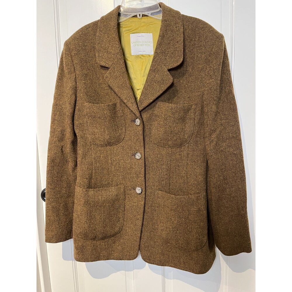 Vintage United Colors of Benetton Wool Blazer 44 Made Italy Brown Patch Pocket